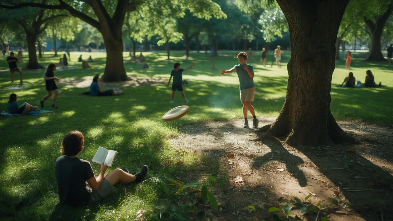 People relaxing and playing frisbee in a sunny park
