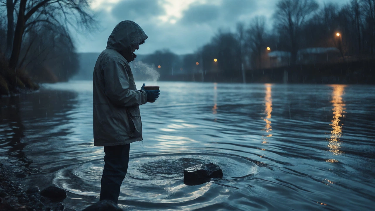Solitary figure drinking hot chocolate by a rainy river