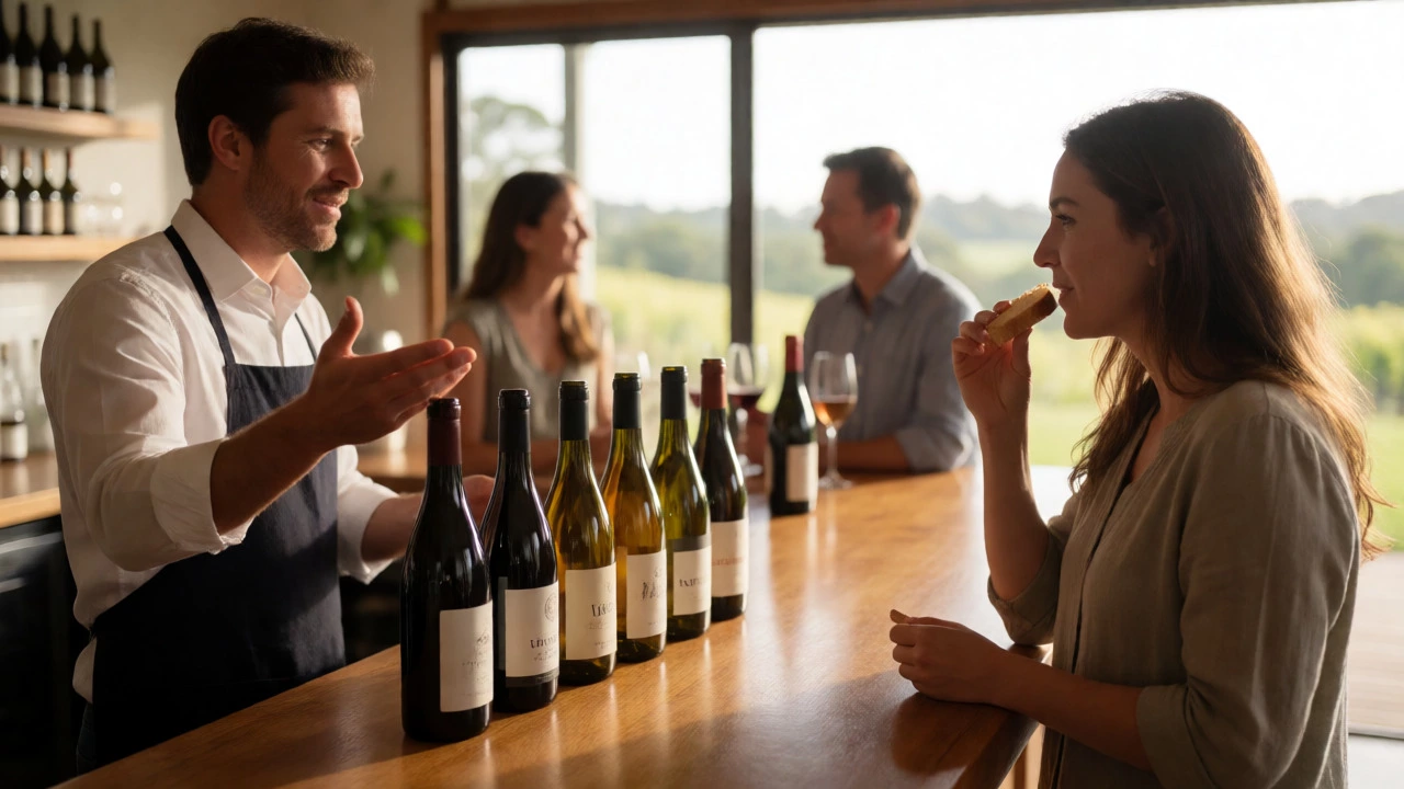 Sommelier serving wine flight to guest taking a bite of bread at a sunny vineyard cellar door.