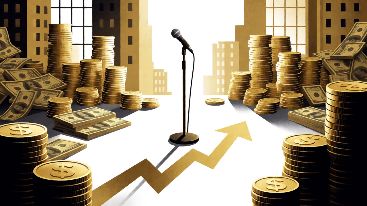 Surreal digital art of gold coins forming cityscapes around a microphone