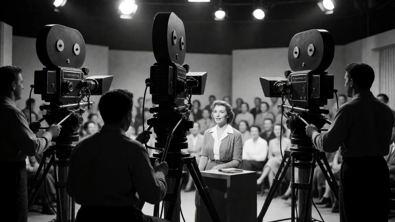 Vintage black-and-white photo of 1950s TV studio with multiple cameras