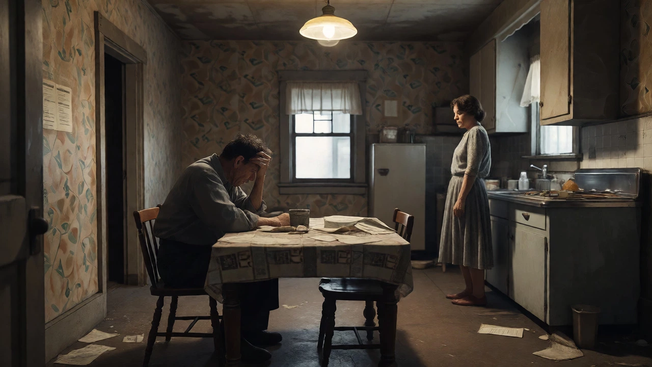 Weary couple in a cluttered, dimly lit kitchen establishing dramatic tension through body language.