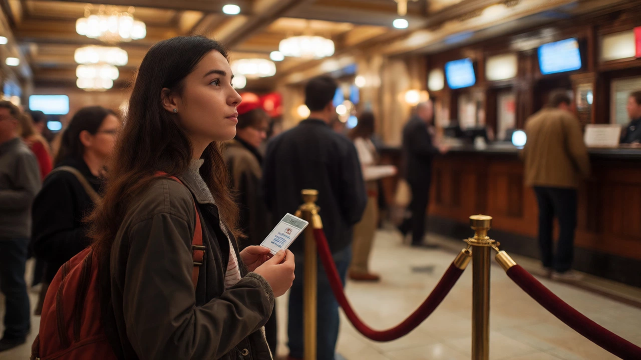 A traveler holding a student ID waiting in line at a Broadway box office counter.