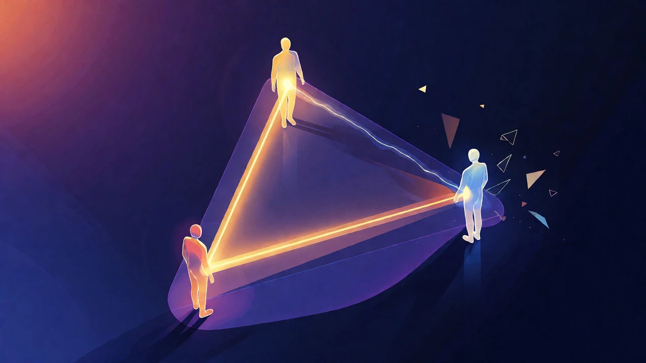 Abstract conceptual art of three connected figures forming a triangle with unequal light bonds.