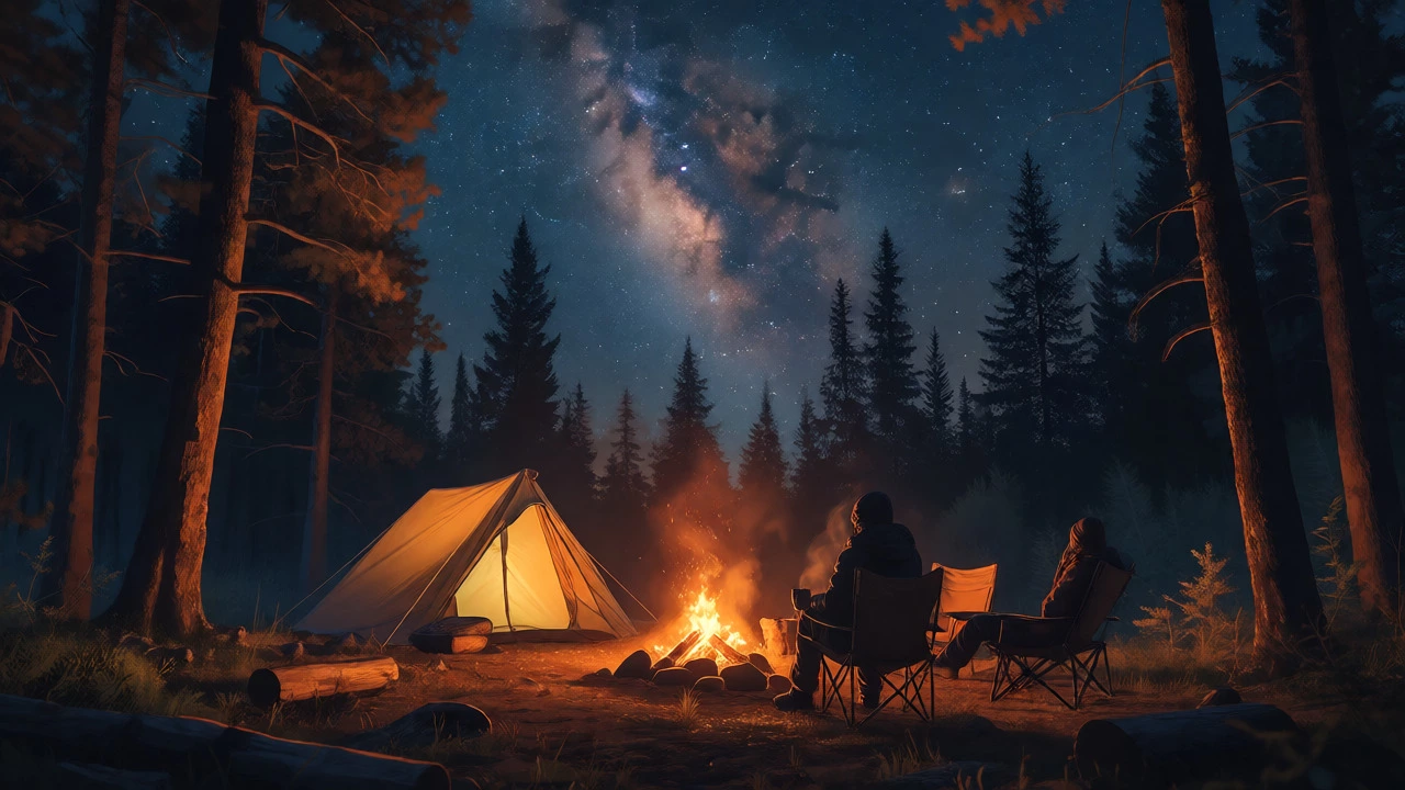 Campers relaxing by a fire under a starry night sky next to a glowing tent.