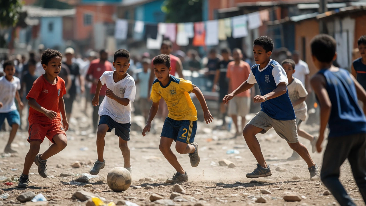 Children playing football on a dusty dirt field