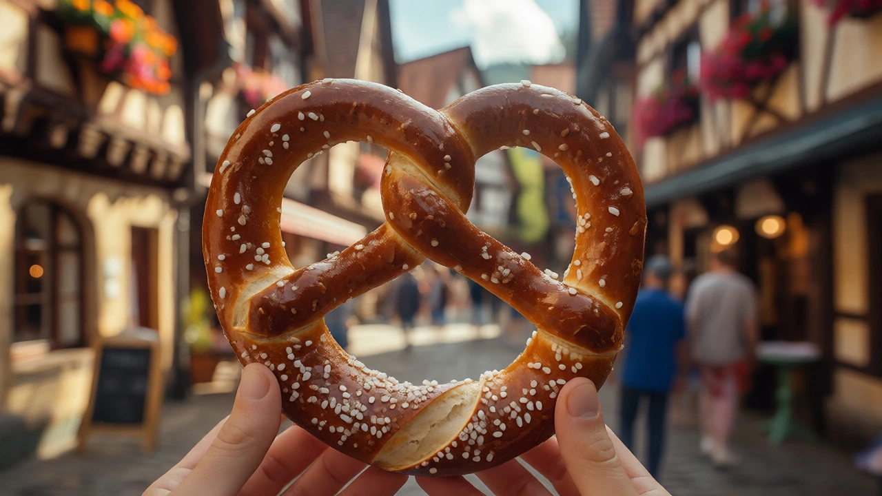 Close-up of a warm, salted Bavarian pretzel held in hands with a blurred European village street in the background.