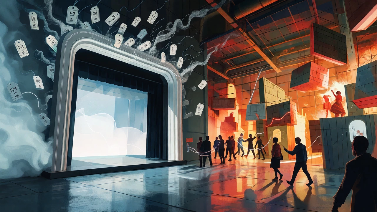 Conceptual art contrasting a rigid traditional stage with a vibrant, interactive Off-Broadway space.