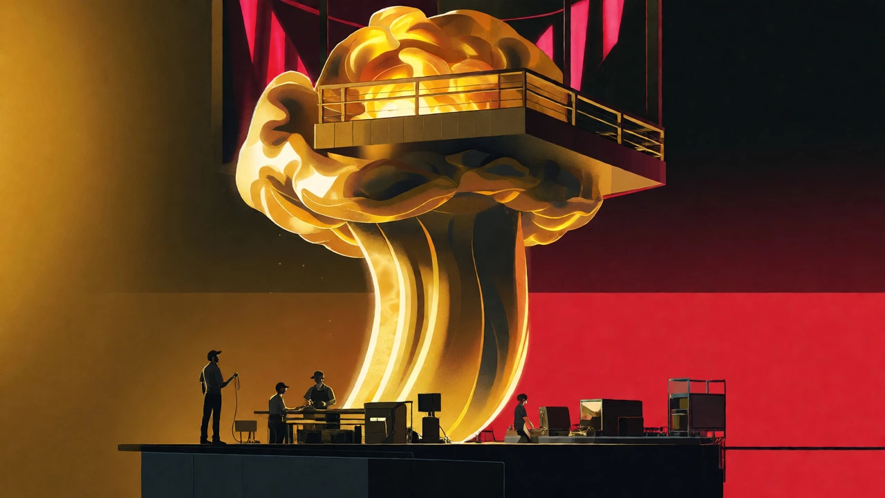 Conceptual art showing a giant golden popcorn kernel supporting a cinema building structure.
