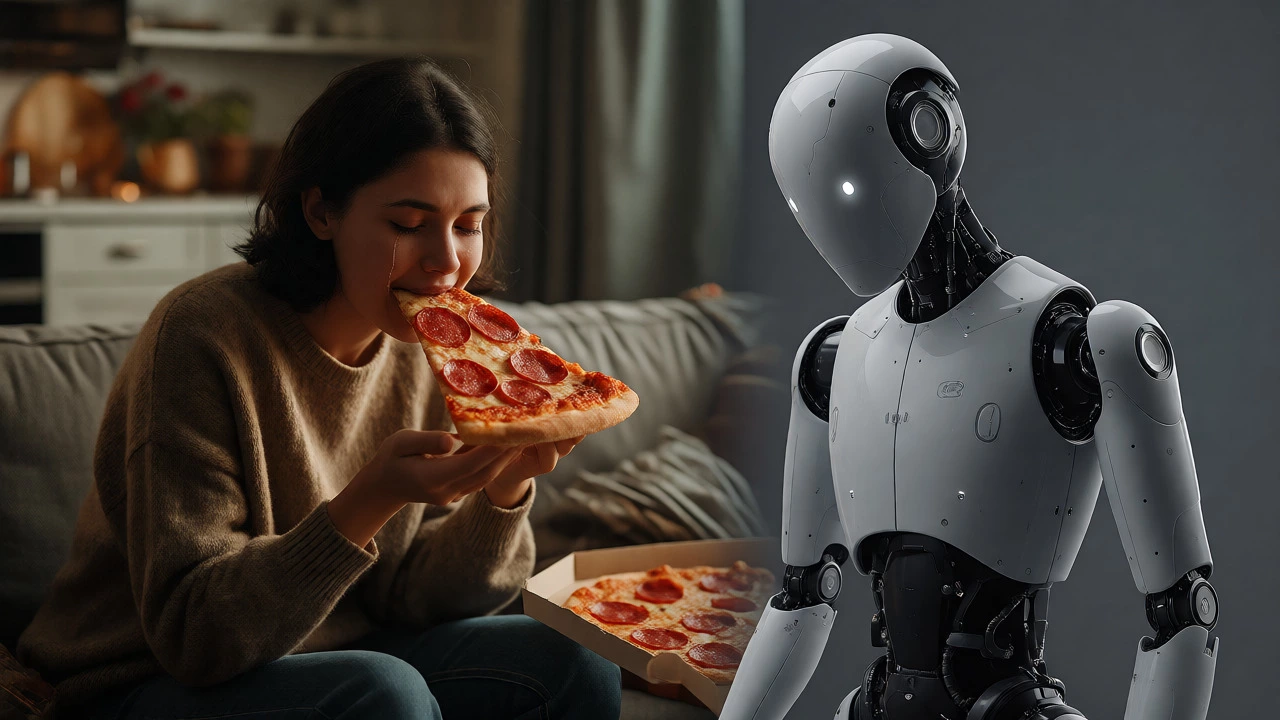 Crying woman eating pizza next to a confused android robot