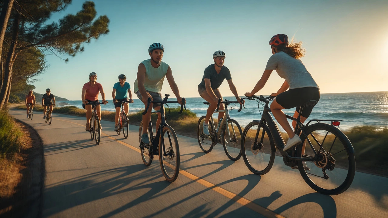 Cyclists riding e-bikes and regular bikes along a scenic coastal path at sunset.