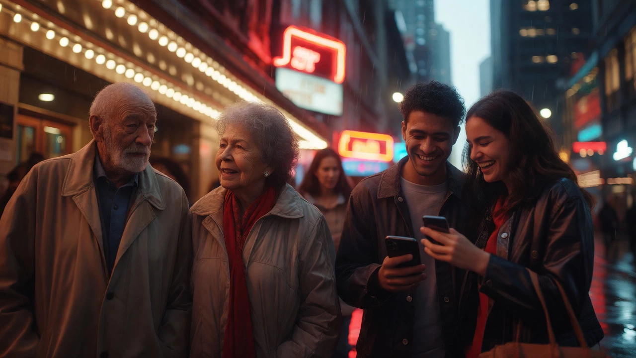 Diverse theatergoers exiting a venue at night, highlighting generational differences in audience behavior.