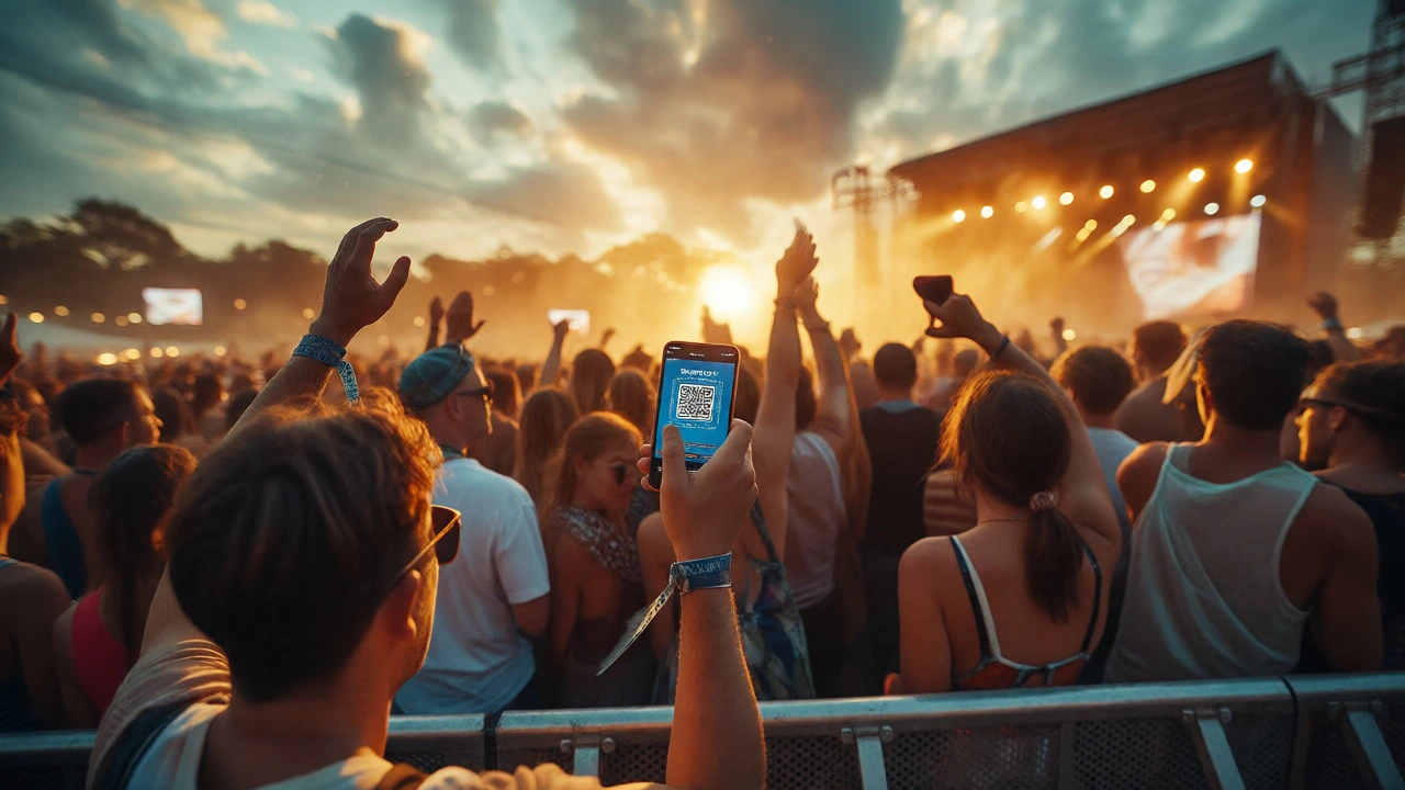 Festival fans scanning mobile tickets at the gate during a golden hour sunset.