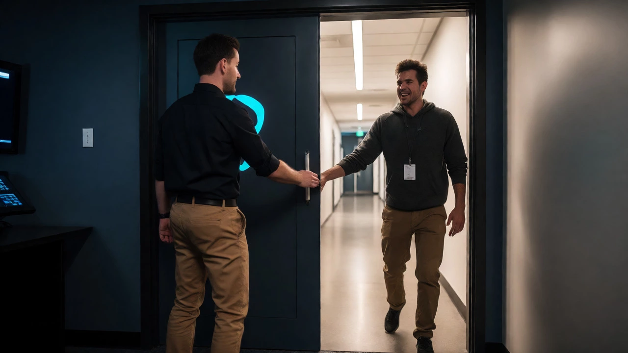 Game Master opening the door for a player exiting an escape room into a bright hallway.
