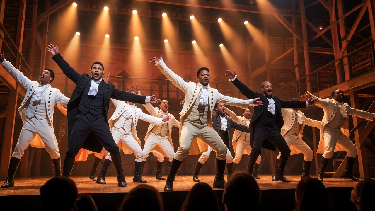 Hamilton cast performing energetically on Broadway stage