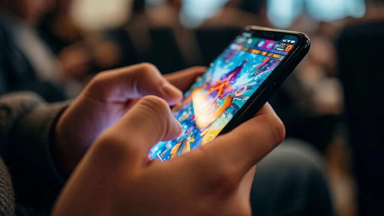 Hands playing a mobile game on a glowing smartphone