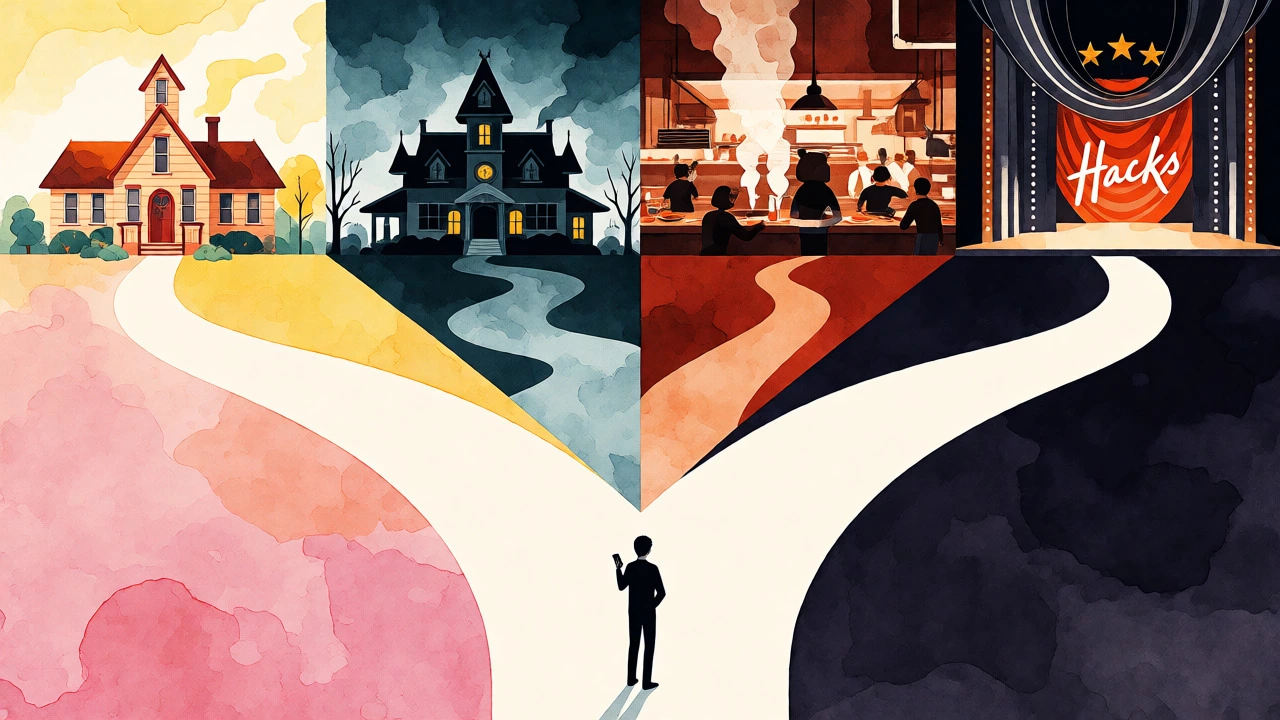 Illustration of person at crossroads leading to different show worlds