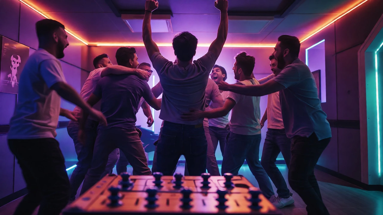 Joyful team celebrating escape room victory under neon lights.