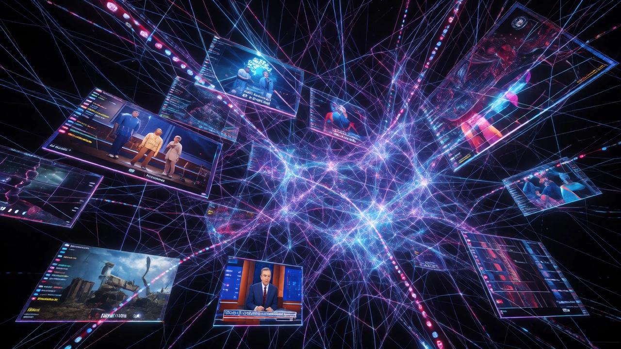 Neural network connecting floating TV screens in dark void