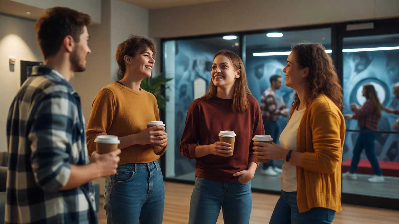 Relaxed group of friends drinking coffee in the lobby after leaving an escape room.