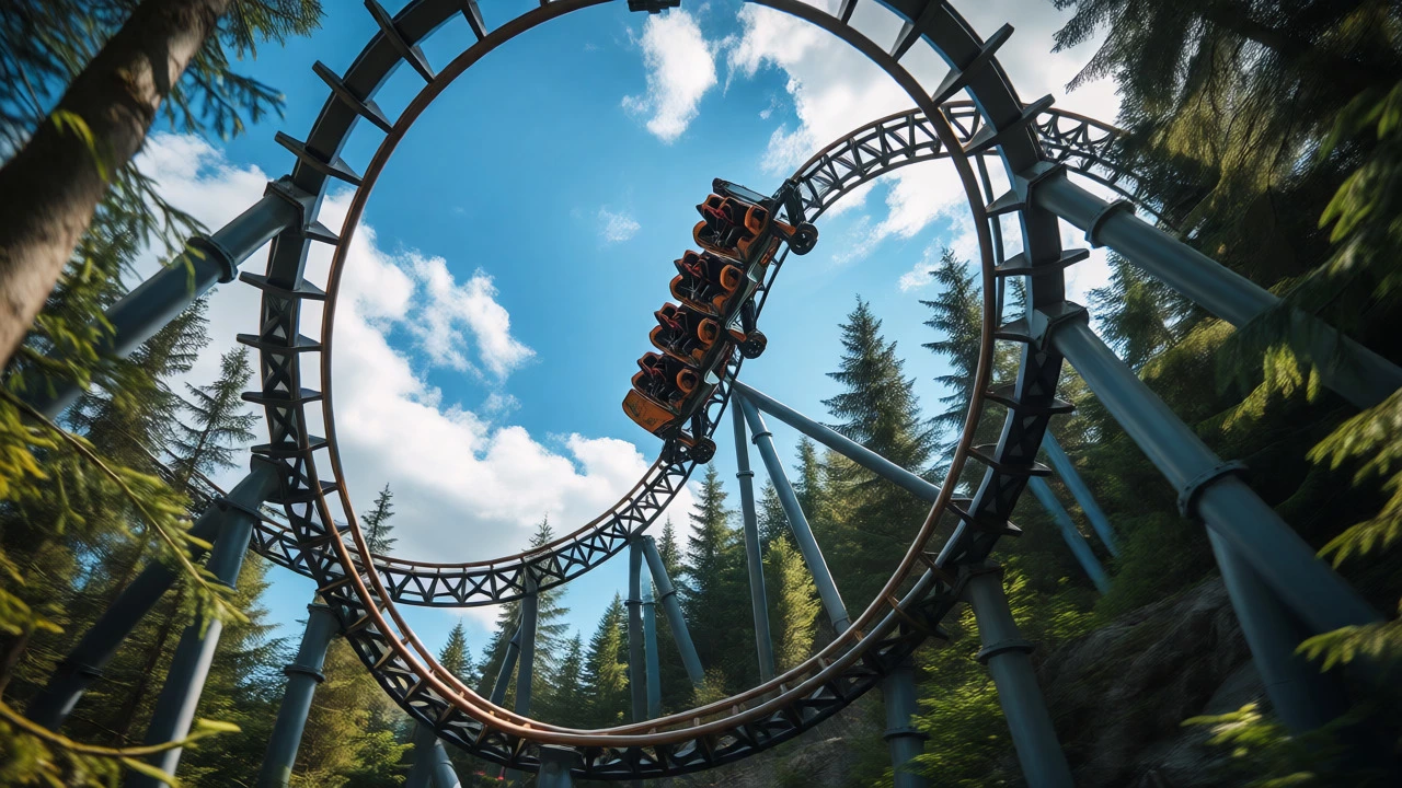 The Verbolten roller coaster twisting through a forest setting in the Germany section of the amusement park.