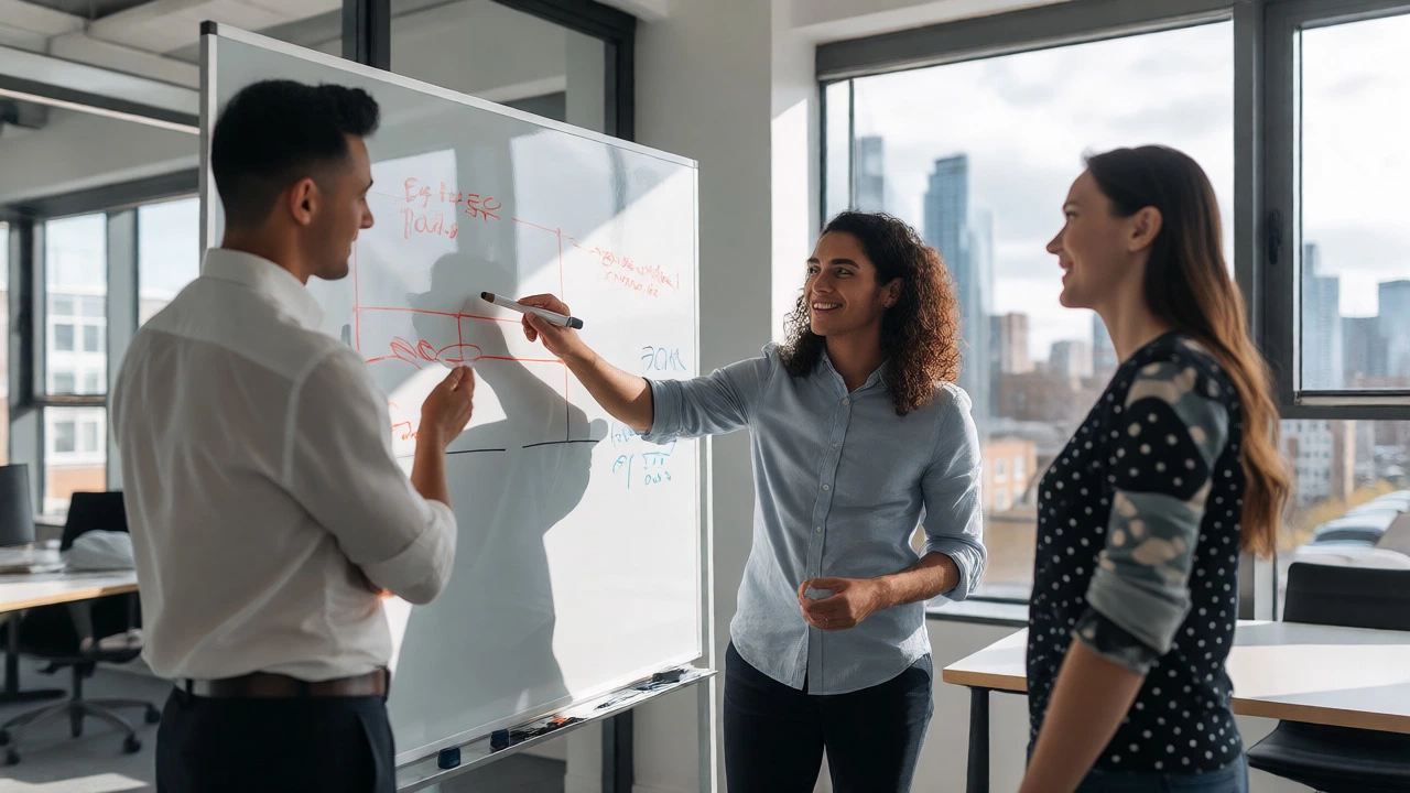 Three diverse colleagues actively brainstorming and collaborating around a whiteboard in a bright office.