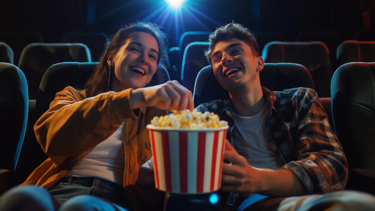 Two friends sharing a large popcorn bucket in dark cinema seats with screen light on faces.