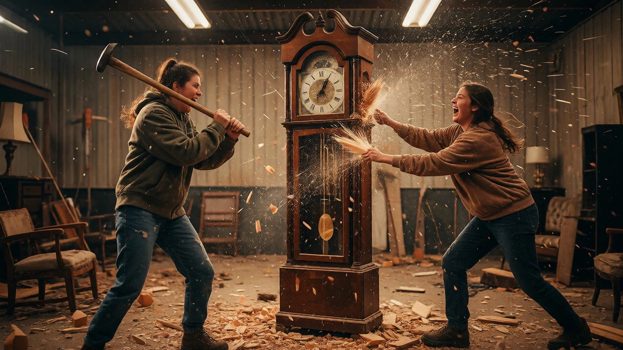 Two women smashing a grandfather clock in a rage room