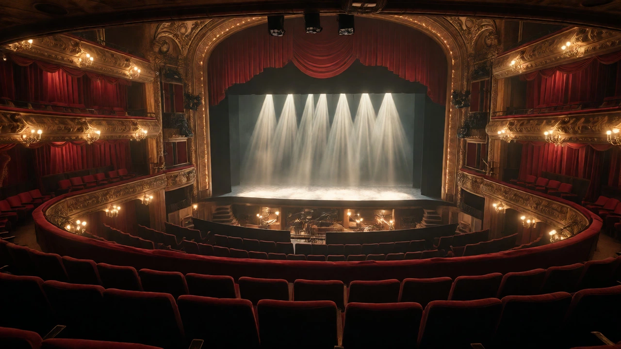 View from mezzanine seats looking at a lit Broadway stage with dramatic spotlights.